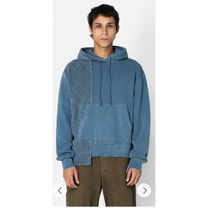 JOHN ELLIOTT Cable Knit 100% Cotton Reconstructed Hoodie in Washed Blue NWT Size